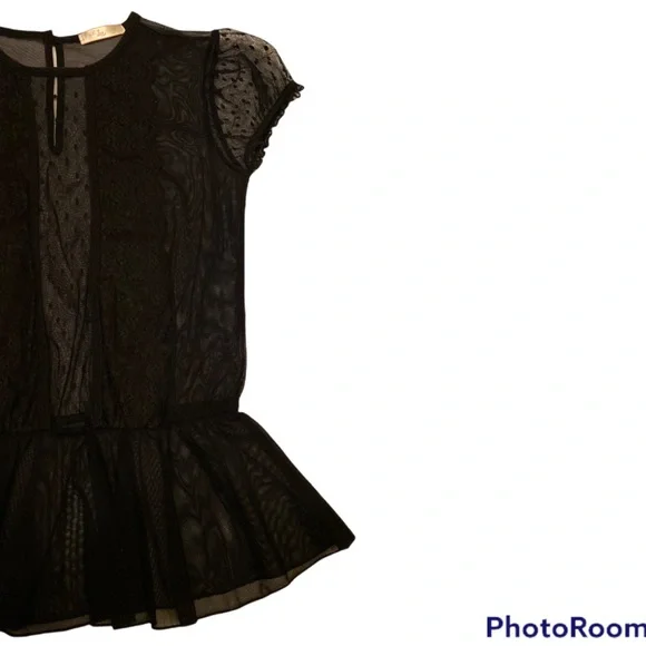 RARE SEXY VINTAGE SHEER BLACK TOP W LACE, CAP SLEEVES CINCHED WAIST BLOUSE - Picture 10 of 11